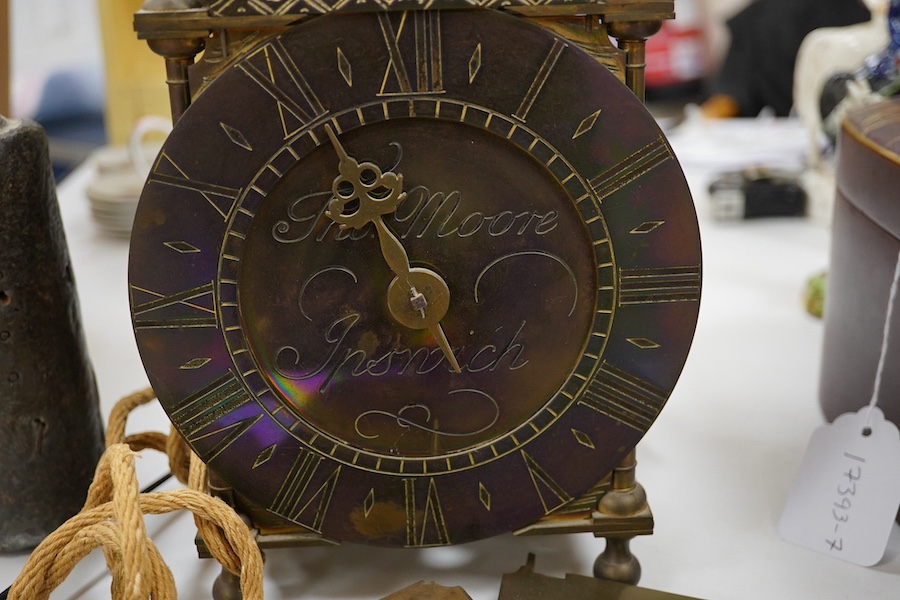 After Thomas Moore of Ipswich, a brass cased lantern clock with a weight driven pendulum movement with anchor escapement, 36cm high. Condition - fair.